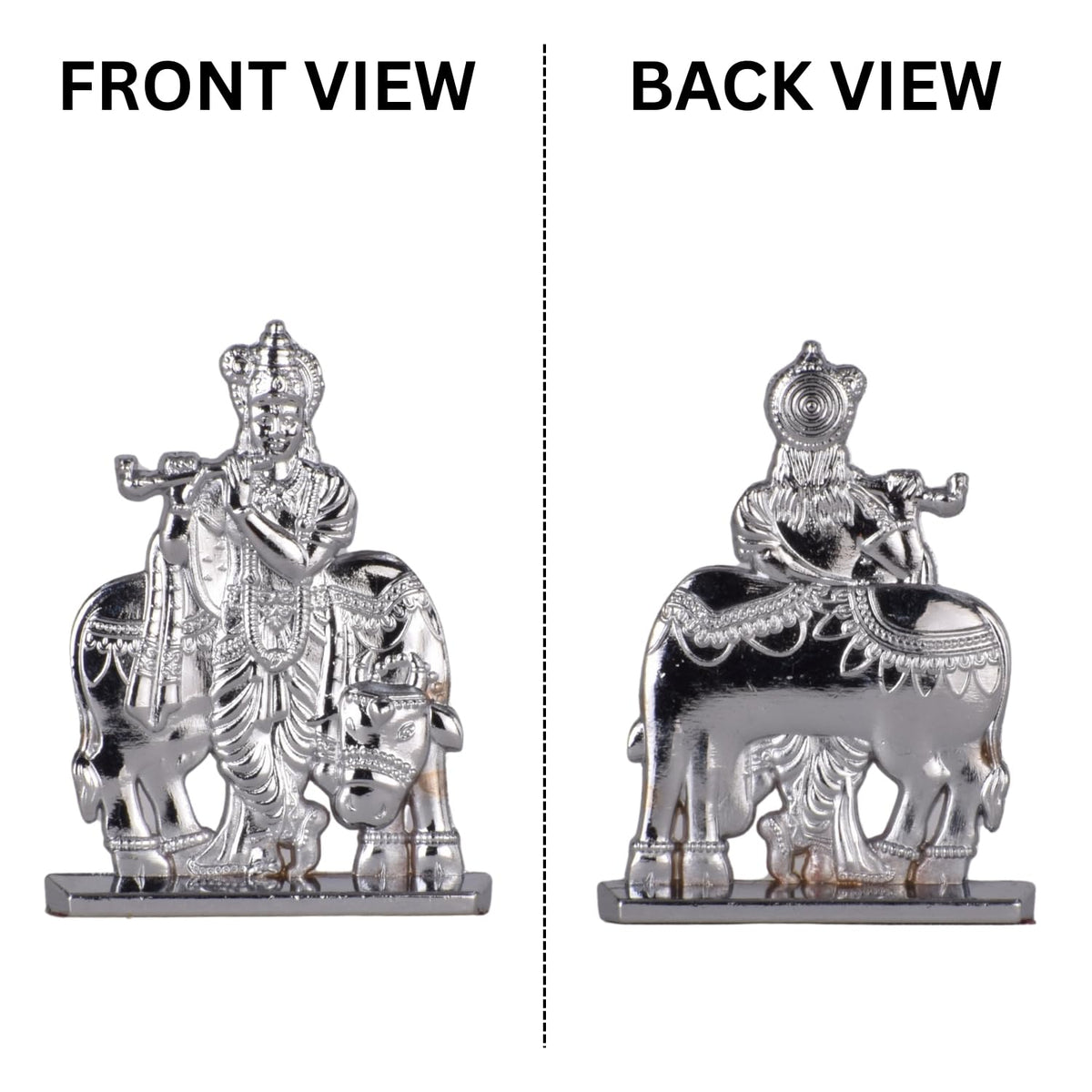 Sri Krishna with Cow & Bansuri Idol for Car Dashboard – Silver Finish Krishna Ji Figurine Spiritual Decor for Home & Mandir (S935-SLVR)