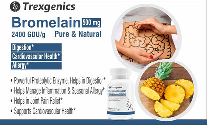 Trexgenics BROMELAIN 500 mg 2400 GDU/gm Natural Digestion, Joint Health Support VEGAN & NON-GMO (60 Veg. Capsules) (Pack of 1)