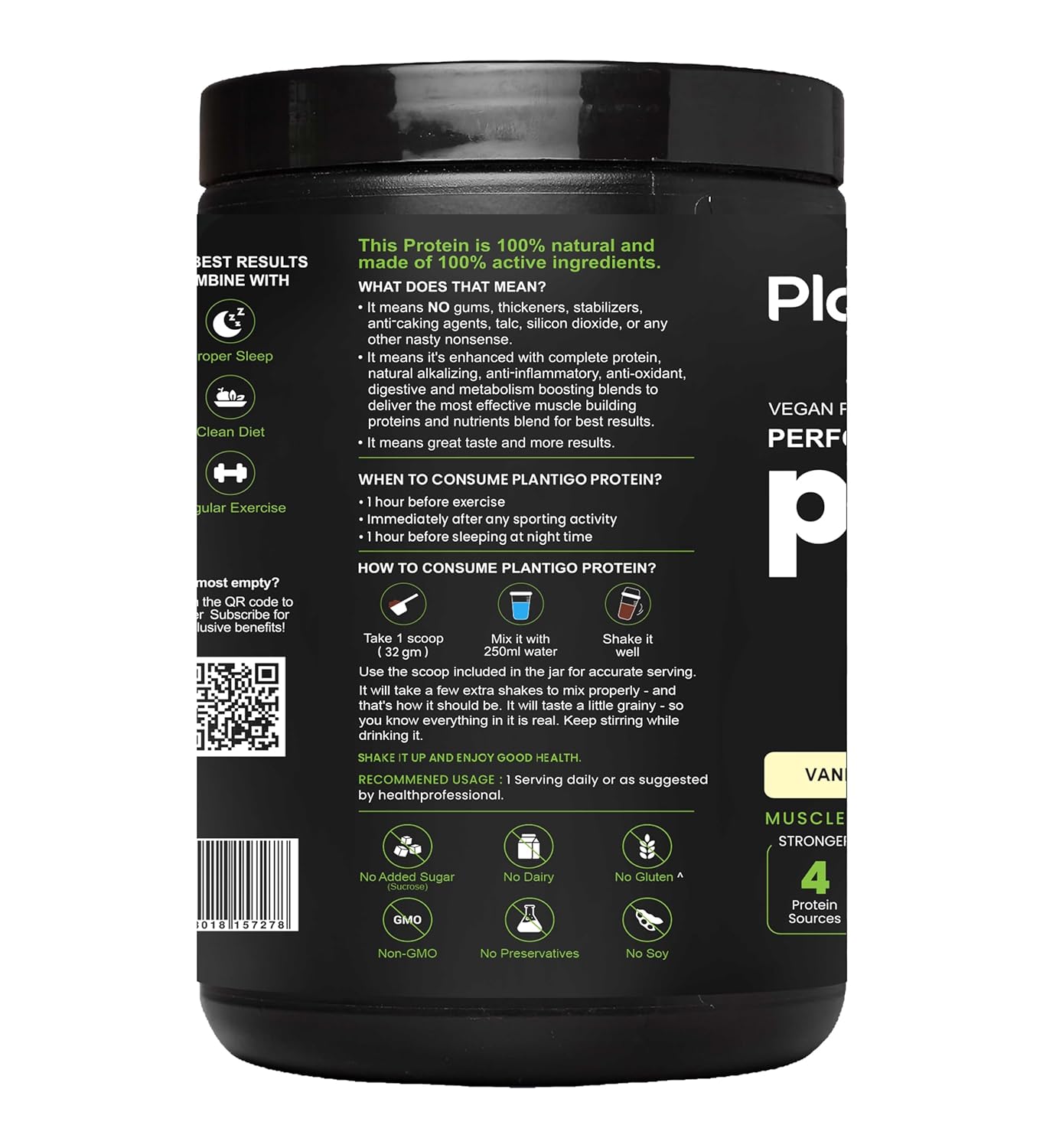 Plantigo Protein Powder 24g Plant Based Protein, 3g BCAA, 2g Leucine, 3g Fiber, 4x Fast Digestion, 95% Bioavailability, 3x Anti Oxidants, Anti Inflammatory, Vitamins, Minerals - Vanilla Flavored 500g