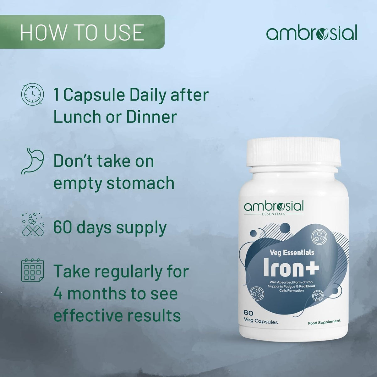 Ambrosial Iron+ supplement bottle with usage instructions on a blue gradient background