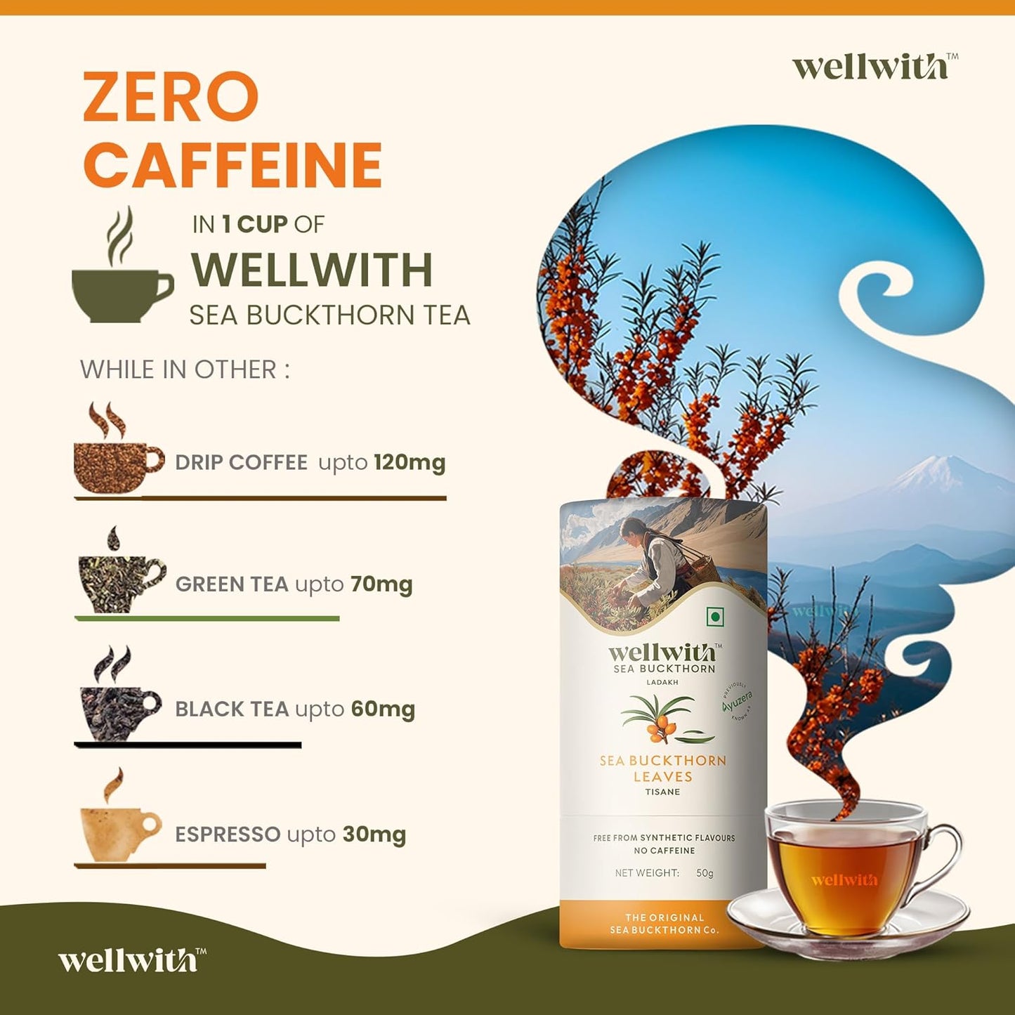 Wellwith by Ayuzera Sea Buckthorn Raw Leaves Tea, Good For Skin and Immunity, For a Healthy Lifestyle - Himalayan Herbal Tea - Pure & Natural (250g)