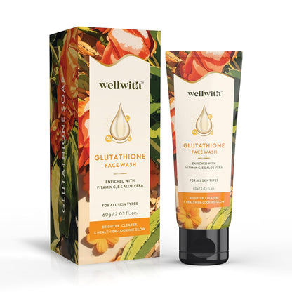 Wellwith(Ayuzera) Glutathione Face Wash, Vitamin C & E, Kojic Acid Aloe Vera, Glowing Skin, Oil Control, Cleansing Face Wash Skin Rejuvanating (60ml, Pack of 1)