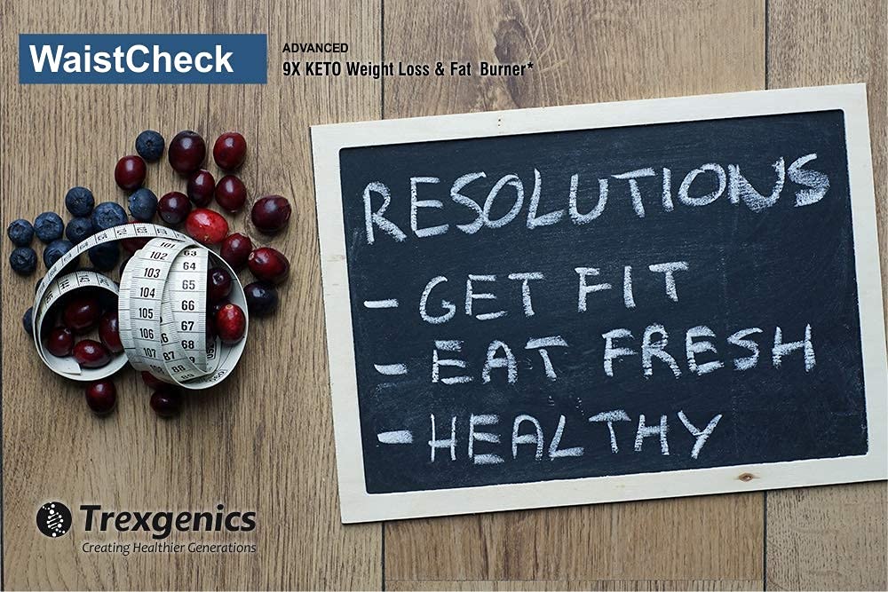Blackboard with fitness resolutions, grapes, and a measuring tape on a wooden surface, featuring Trexgenics branding.