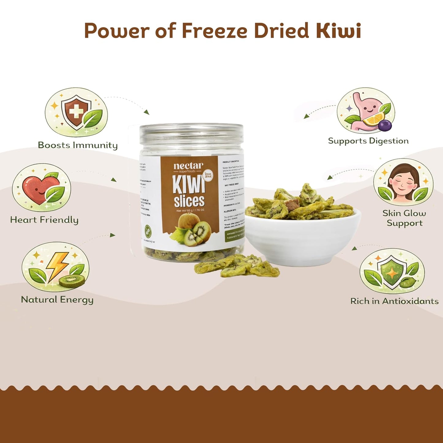 Nectar Superfoods Freeze Dried Kiwi slices- 50 grams Jar-Pack of 1 Nos | 100% Natural & Pure | No Preservatives, No Sugar Added, Vegan | Ideal for Cooking & Seasoning | Made in India