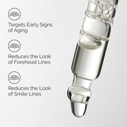 Skincare ampoule with text highlighting its benefits on a light gray background