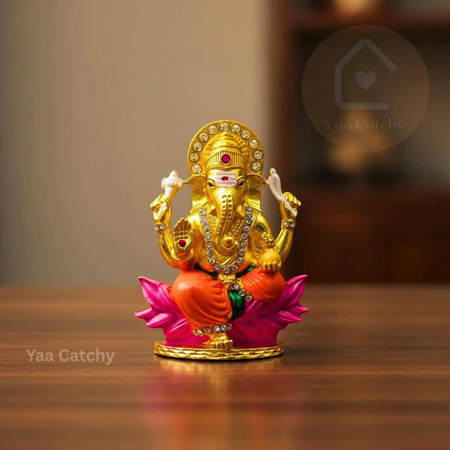 Yaa Catchy Lord Ganesha Car Dashboard Idol & Crystal Stones Lotus Base Design Hindu God Ganpati.Believed to Protect and Bless Travelers on Their Journeys. (Color)