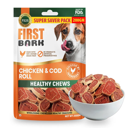 First Bark Dog Treats for Adult Dog & Puppy – Healthy Chews Chicken & Cod Fish Jerky for Dogs, Small Dogs & Shih Tzu | Dog Snacks & Puppy Treats – Chicken & Cod Roll (200g) x1