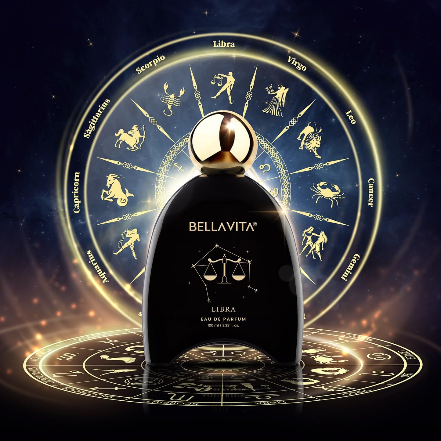 Bottle of Bellavita Libra perfume with zodiac design in the background