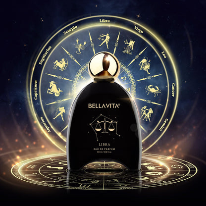 Bottle of Bellavita Libra perfume with zodiac design in the background