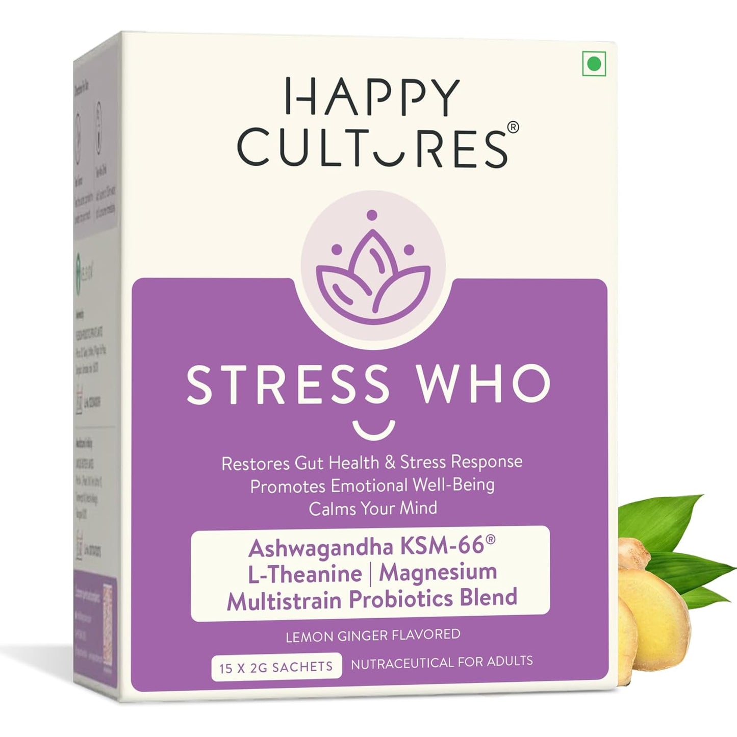 Happy Cultures Stress Who - Ashwagandha KSM66, Magnesium & L-Theanine, Probiotics blend, Anxiety & Stress Relief For Men & Women | Supports Relaxation | Clinically tested, No Side Effects | Lemon & Ginger Flavored - 15 x 2g (Sachets)