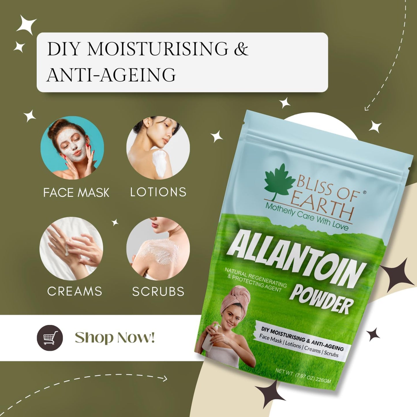 Bliss of Earth Allantoin Powder For Skin, 113gm, Soothing Skin Care Ingredient