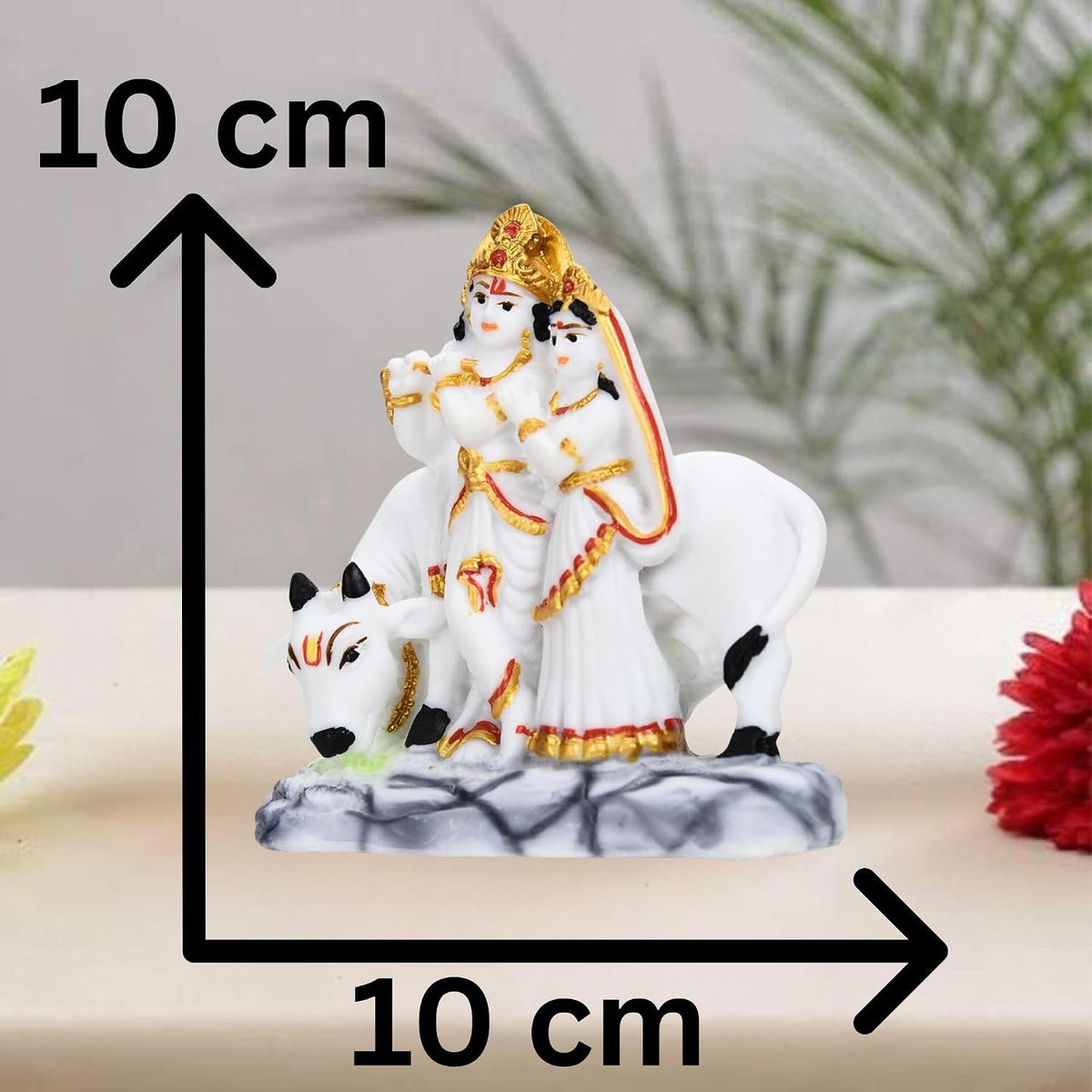Kamdhenu Cow Calf Resin with Radha Krishna Home Office Resin Marti Figurine Puja Room Mandir Temple Home Décor Decoration Item and Gifts Wedding Housewarming Gift10 Cm,10 Cm