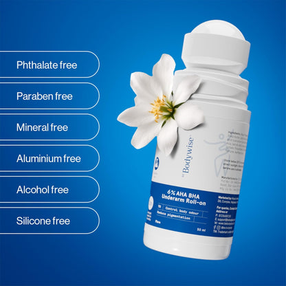 Be Bodywise 6% AHA BHA Underarm Roll On Deodorant,Flora Fragrance,1% Mandelic, 4% Lactic,1% Salicylic & Kojic Acid, Prevents Body Odour,Fades Pigmentation & Brightens,Kills Bacteria, Alcohol & Aluminum Free, 50ml