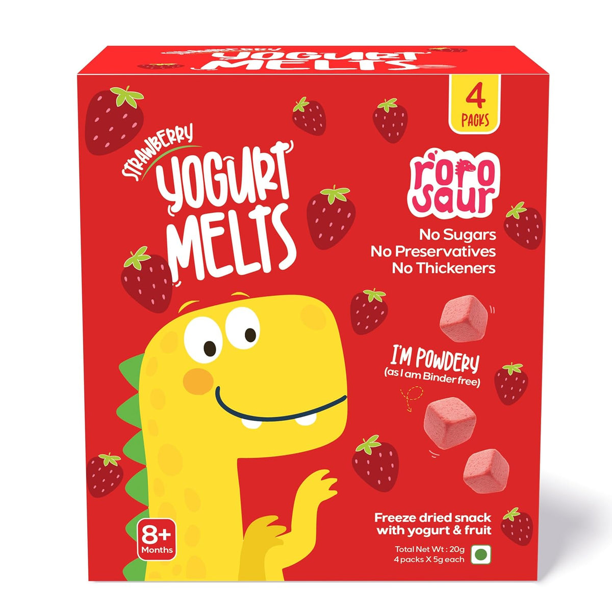 Rorosaur Baby Snacks – Strawberry Melts with Yogurt & Fruit & Veggie for 8+ Months | Finger Food for Toddlers | No Sugar, No Preservatives, No Binders | 4 Pack (5g Each)