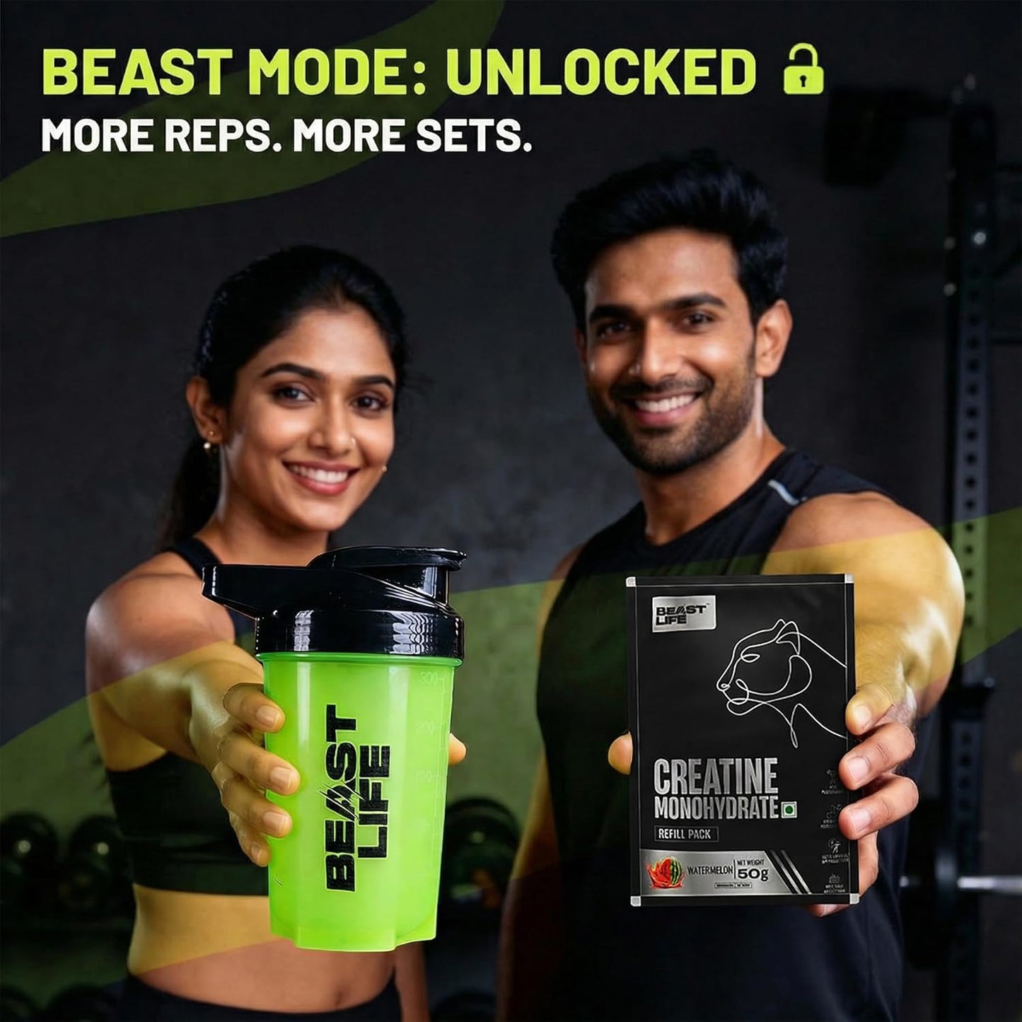 Beastlife Pure Super Micronised Creatine & Shaker Pack | 50 g | 13 Servings | Watermelon | NABL Lab Tested | Rapid Absorption for Muscle Strength & Athletic Performance | Super Micronised Creatine Powder