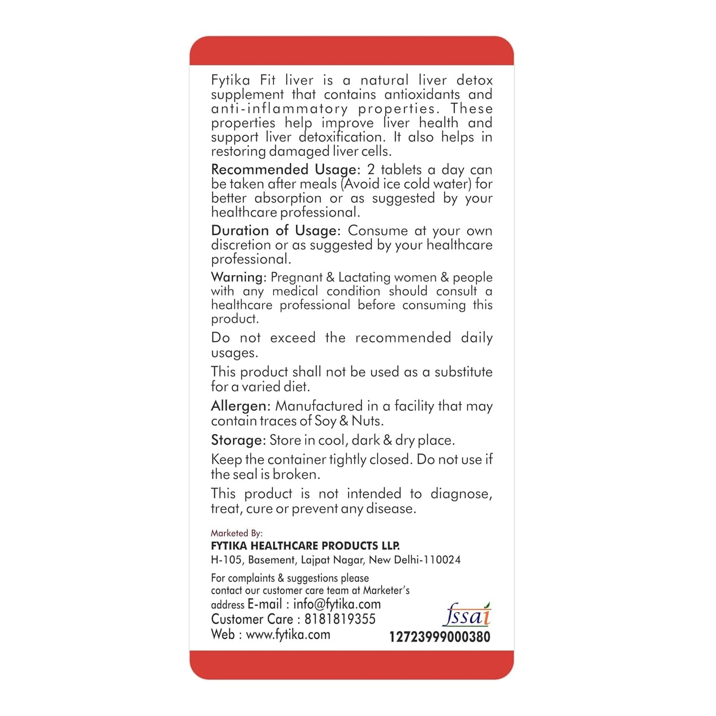 Back label of Fytika Fit liver supplement packaging with text and branding.