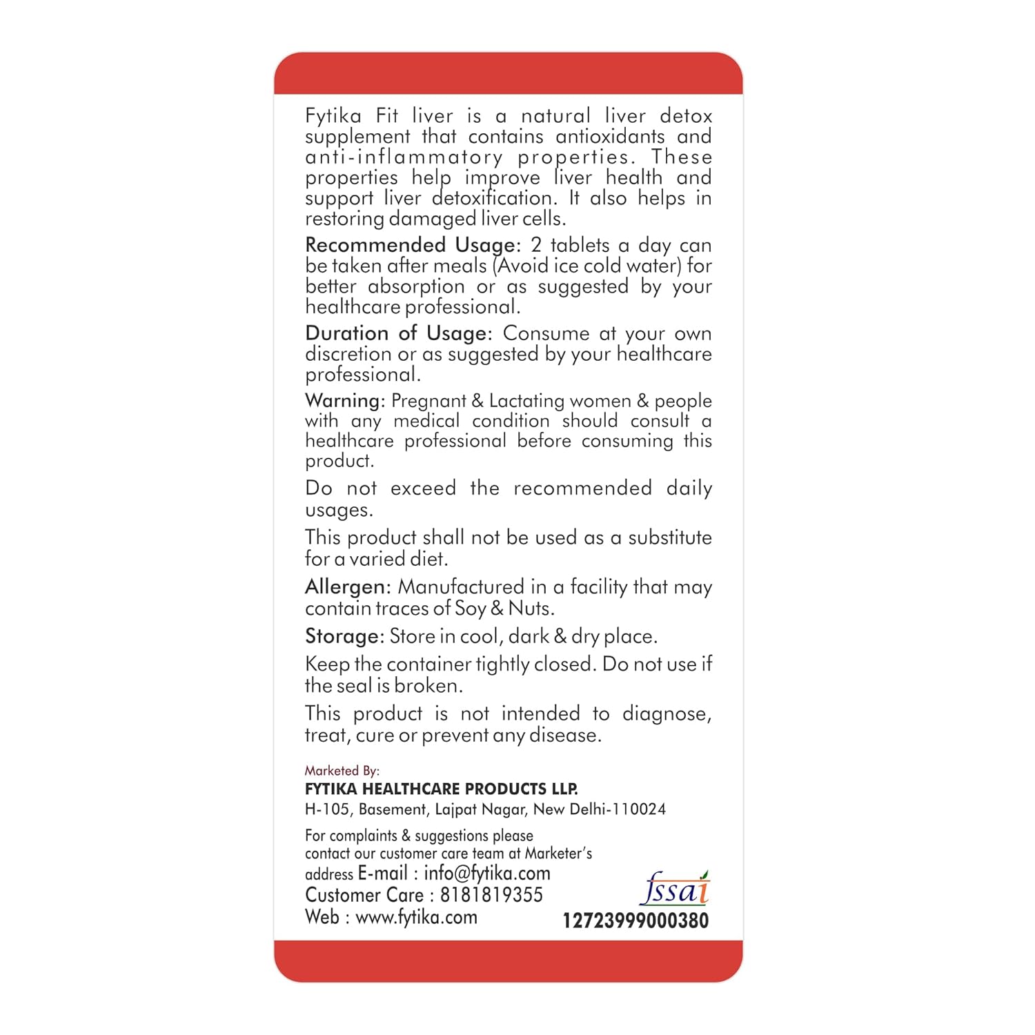 Back label of Fytika Fit liver supplement packaging with text and branding.