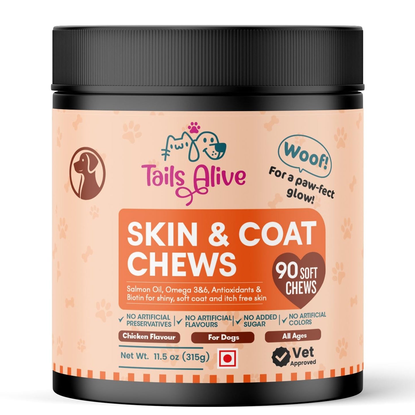 TailsAlive  Omega 3 & 6, Salmon Oil Skin & Coat Supplement for Dogs | with Krill Oil, Biotin, Collagen & Zinc | Promotes Shiny, Healthy Coat | 90 Soft Chews