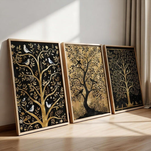 Set of 3 Golden Tree Wall Art Premium MDF Wooden Color Framed HD UV Printed Decorative Painting for Living Room Bedroom Hallway Office Home Décor 13.5 Inch x 19.5 Inch