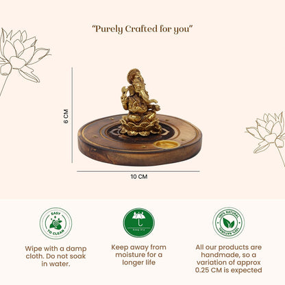 Brass Ganesha Idol on Wooden Base for Home Temple & Desk | Lord Ganesh Murti | Ganpati Idol for Spiritual Home Decor (Design01: L10 x W10 x H6 cm)