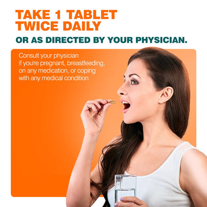 Woman taking a pill with text about medication instructions on an orange background