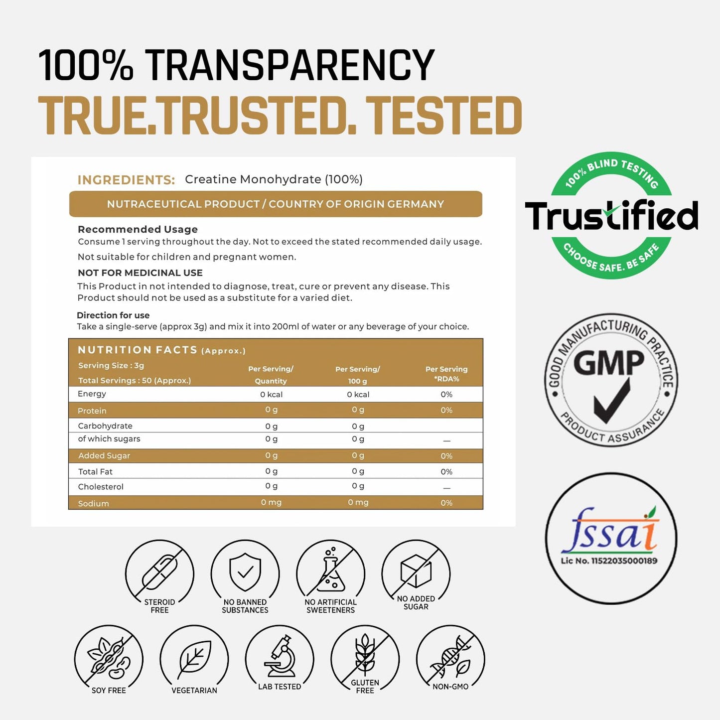 Product label with transparency claims, ingredients, nutrition facts, and certification logos on a white background.
