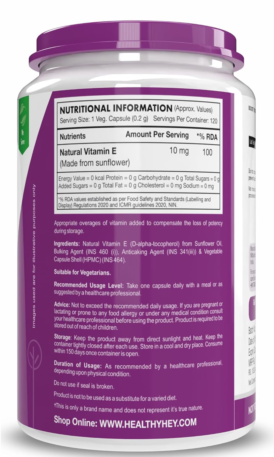 Vitamin supplement container with purple label and nutritional information.