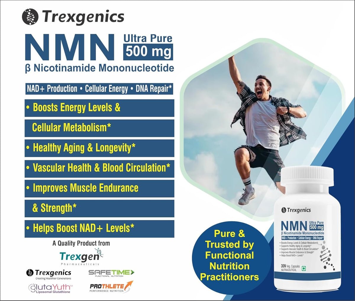 Advertisement for Trexgenics NMN supplement with a person jumping outdoors.