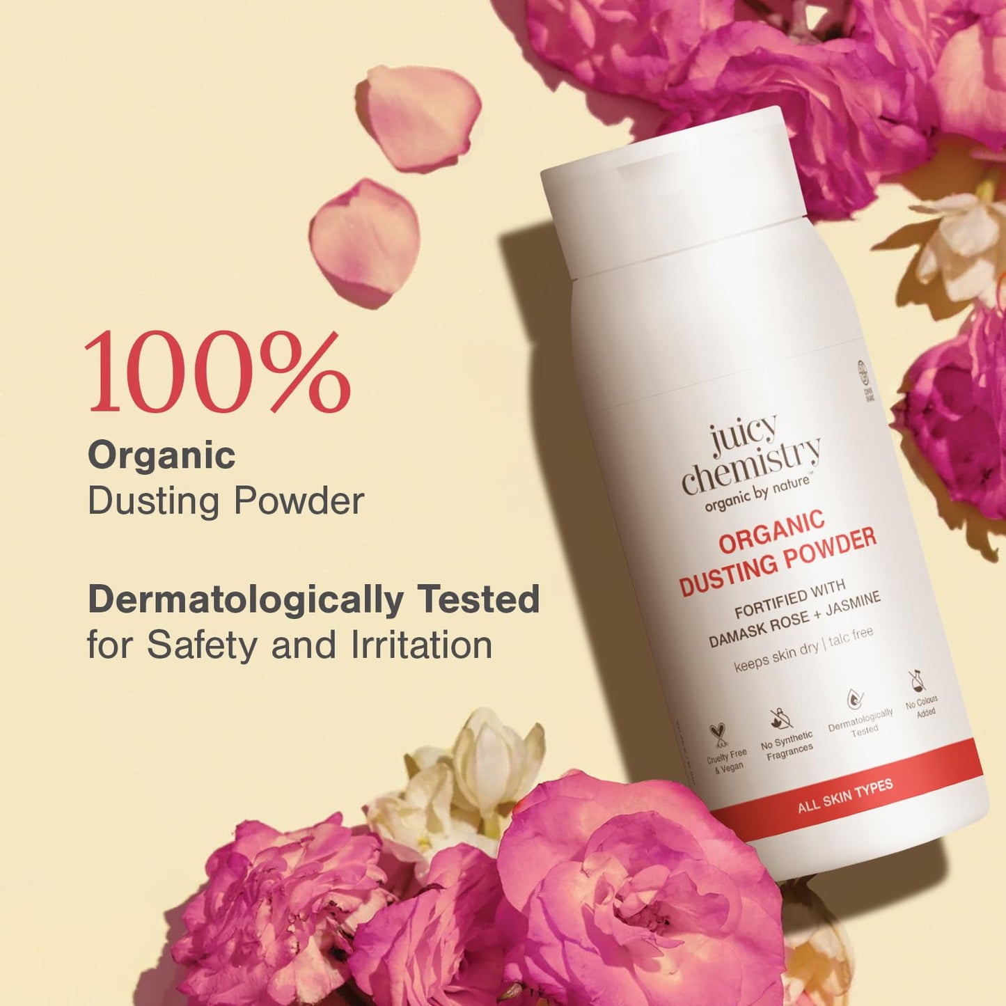 Juicy Chemistry 100% Organic Dusting Powder with Damask Rose + Jasmine, 100g | Refreshing & Cooling Face & Body Powder | Controls Oil, Sweat, Odour & Itching | Soothes Irritated Skin | Talc-Free | Dermatologically Tested
