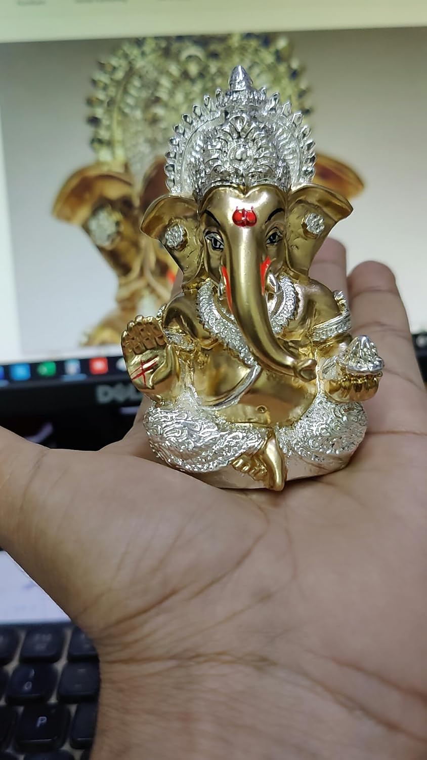 Gold Art India Resin Ganesha Idol Ganesh for Car Dashboard Statue Ganpati Vinayaka Vinayagar Figurine Diwali Gifts Home Decor Luck, Success for Small Murti Puja Lord Gift Office Desk Room 3.5 Inches