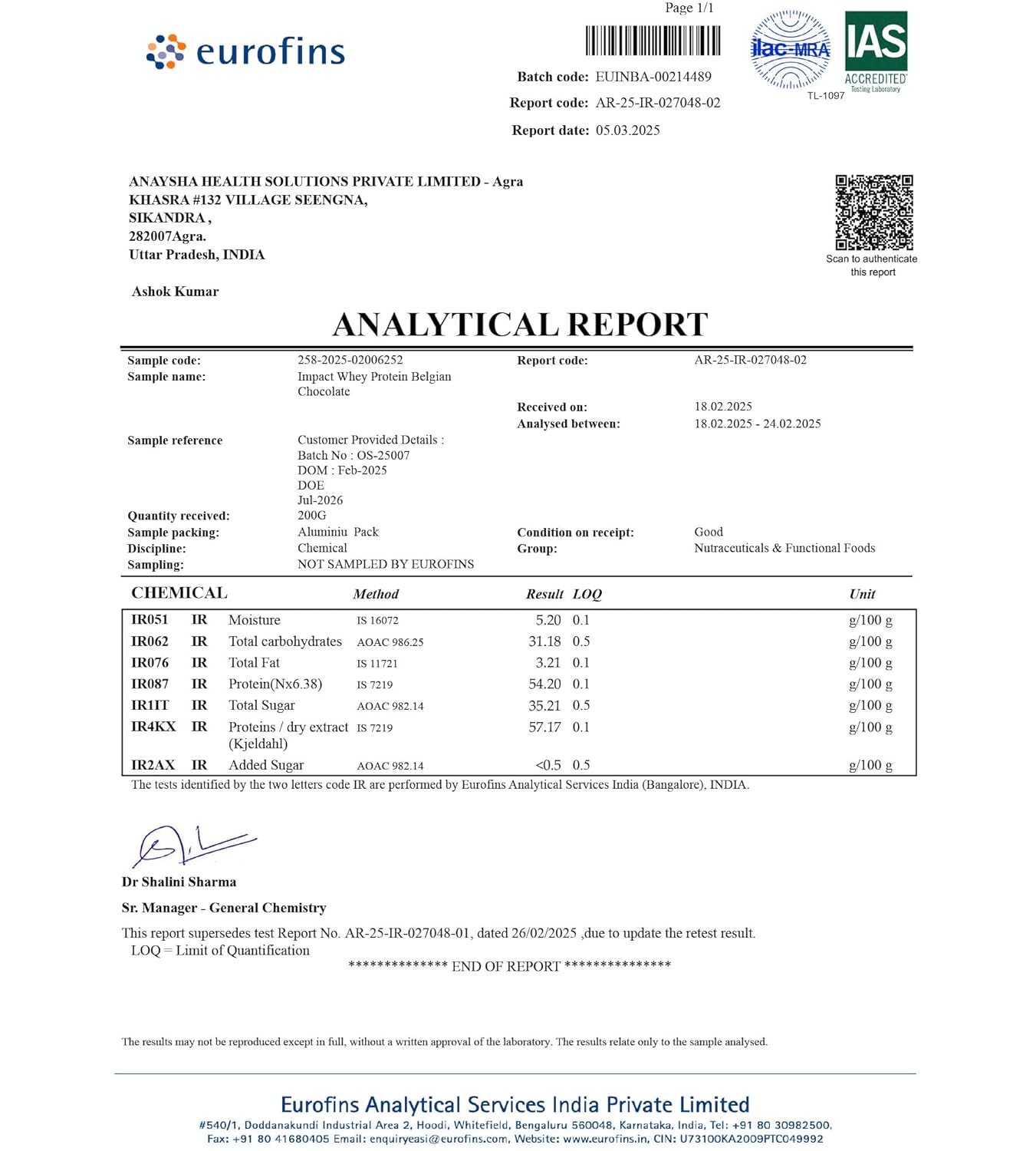 Eurofins analytical report for a product with detailed chemical analysis results.
