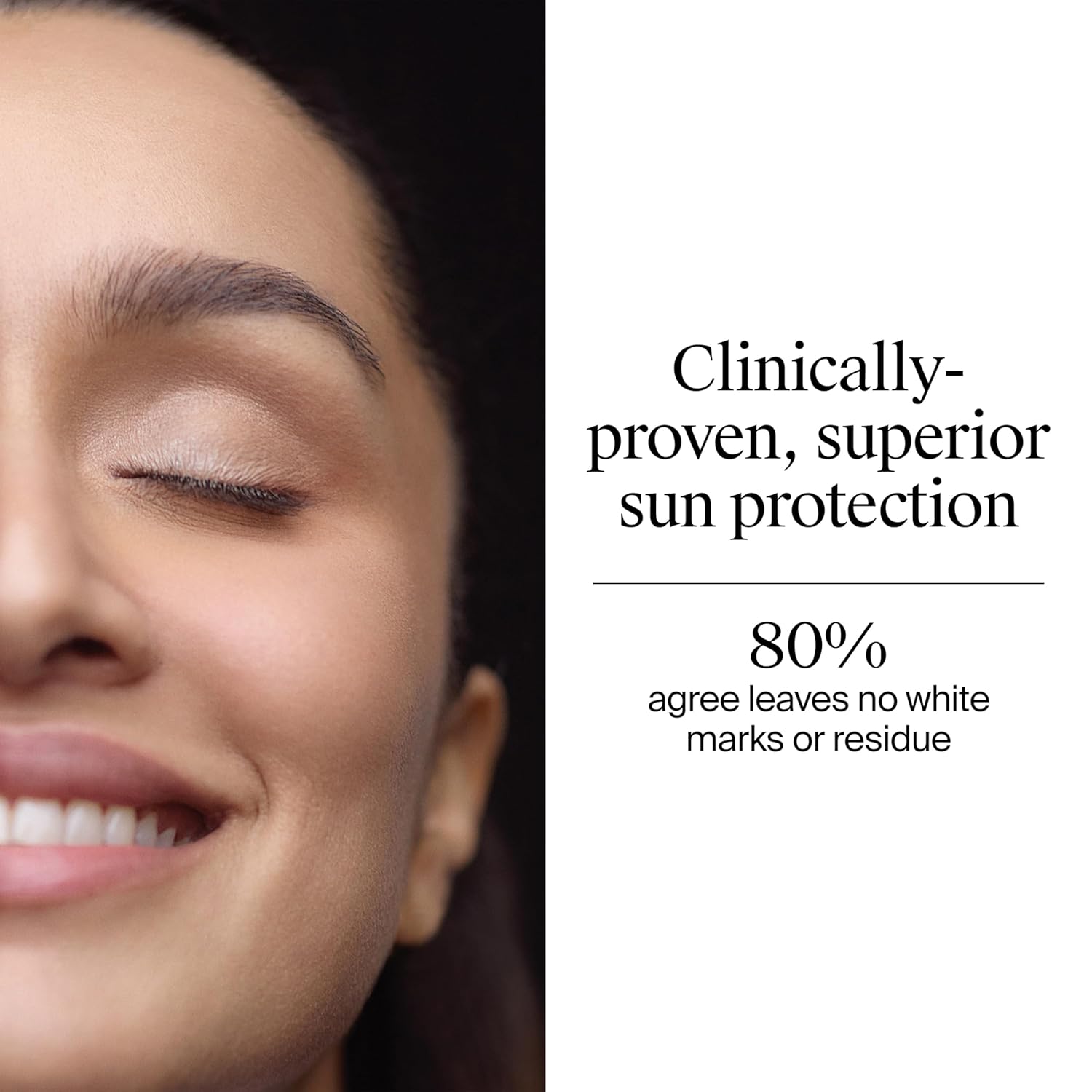 Close-up of a woman's face with text about sun protection