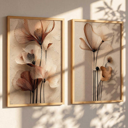 2 Piece Framed Wall Art Set, 3D Textured Floral Botanical Painting, Modern Abstract Flower Wall Decor for Living Room Bedroom Dining Room Office, Ready to Hang, Ideal for Housewarming Gift (design 2, 13X19, Brown)