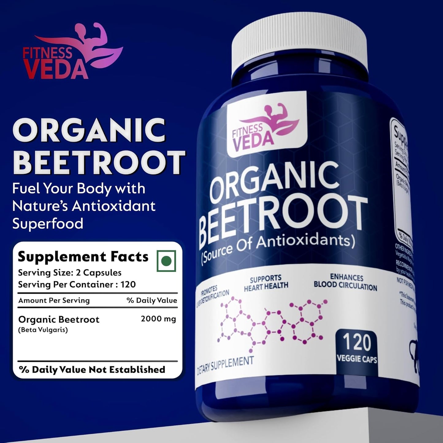 Fitness Veda Organic Beetroot supplement bottle with label on a blue background