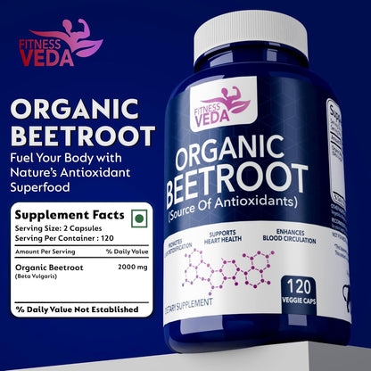 Fitness Veda Organic Beetroot supplement bottle with label on a blue background