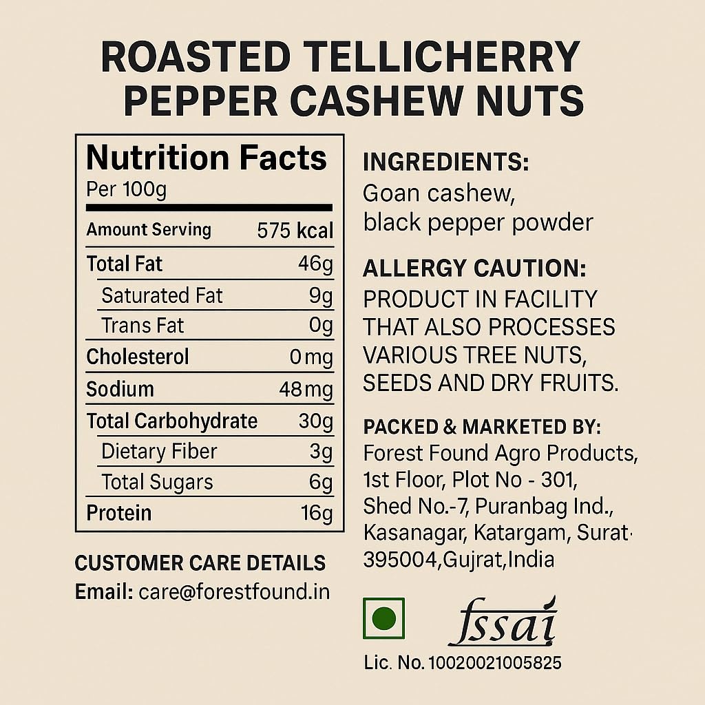 Forest Found Tellicherry Pepper Roasted Cashews (400g) | 100% Oil-Free & Dry Roasted | Jumbo Premium Kaju Nuts | Low Sodium Gourmet Healthy Snack | Black Pepper Seasoned Roasted Cashews