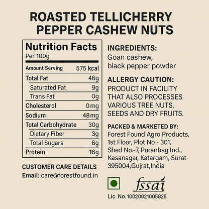 Forest Found Tellicherry Pepper Roasted Cashews (400g) | 100% Oil-Free & Dry Roasted | Jumbo Premium Kaju Nuts | Low Sodium Gourmet Healthy Snack | Black Pepper Seasoned Roasted Cashews