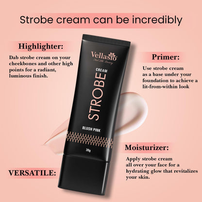 Vellasio Strobe cream packaging with usage instructions on a pink background