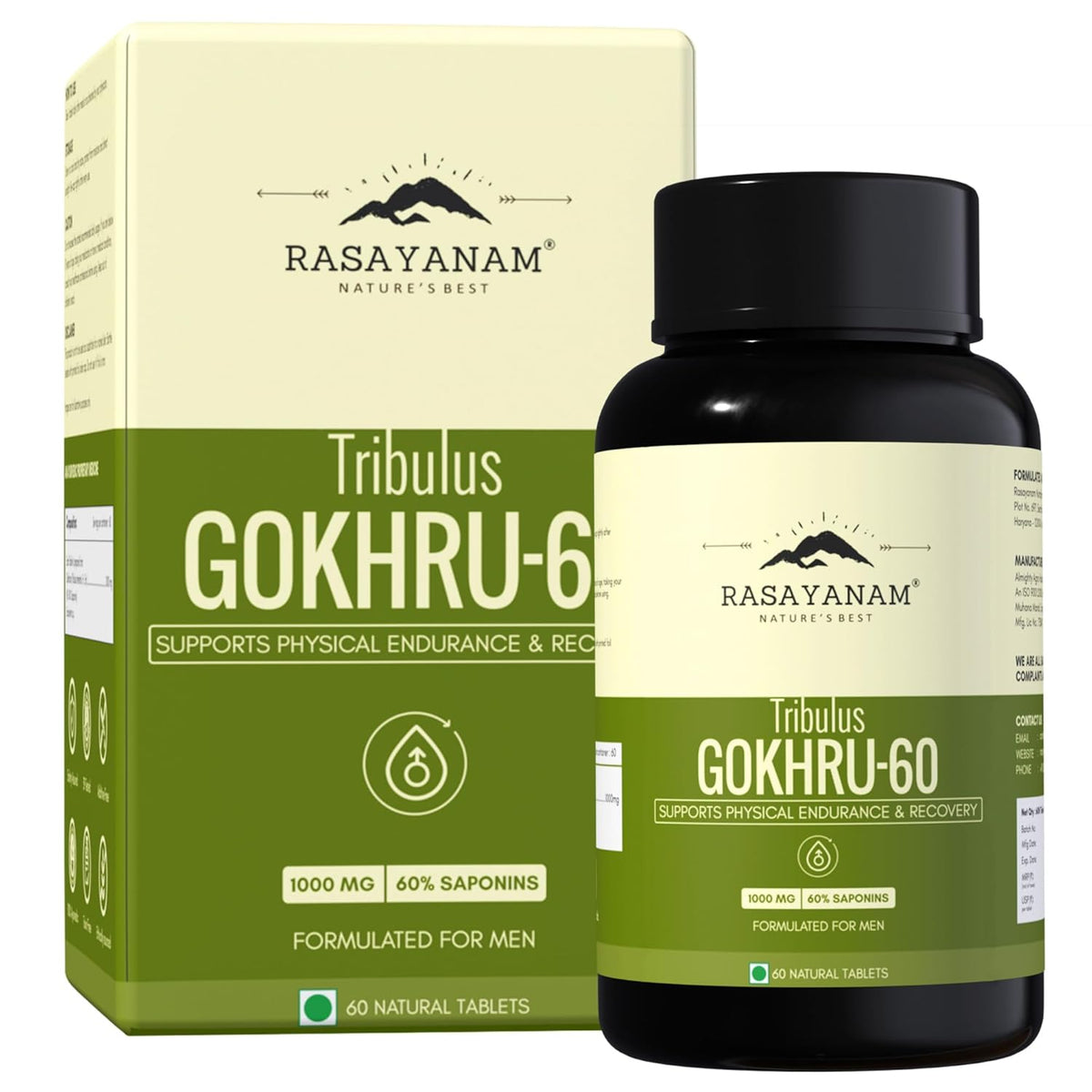 Rasayanam Tribulus Gokhru-60 supplement bottle and packaging on a white background