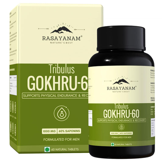 Rasayanam Tribulus Gokhru-60 supplement bottle and packaging on a white background