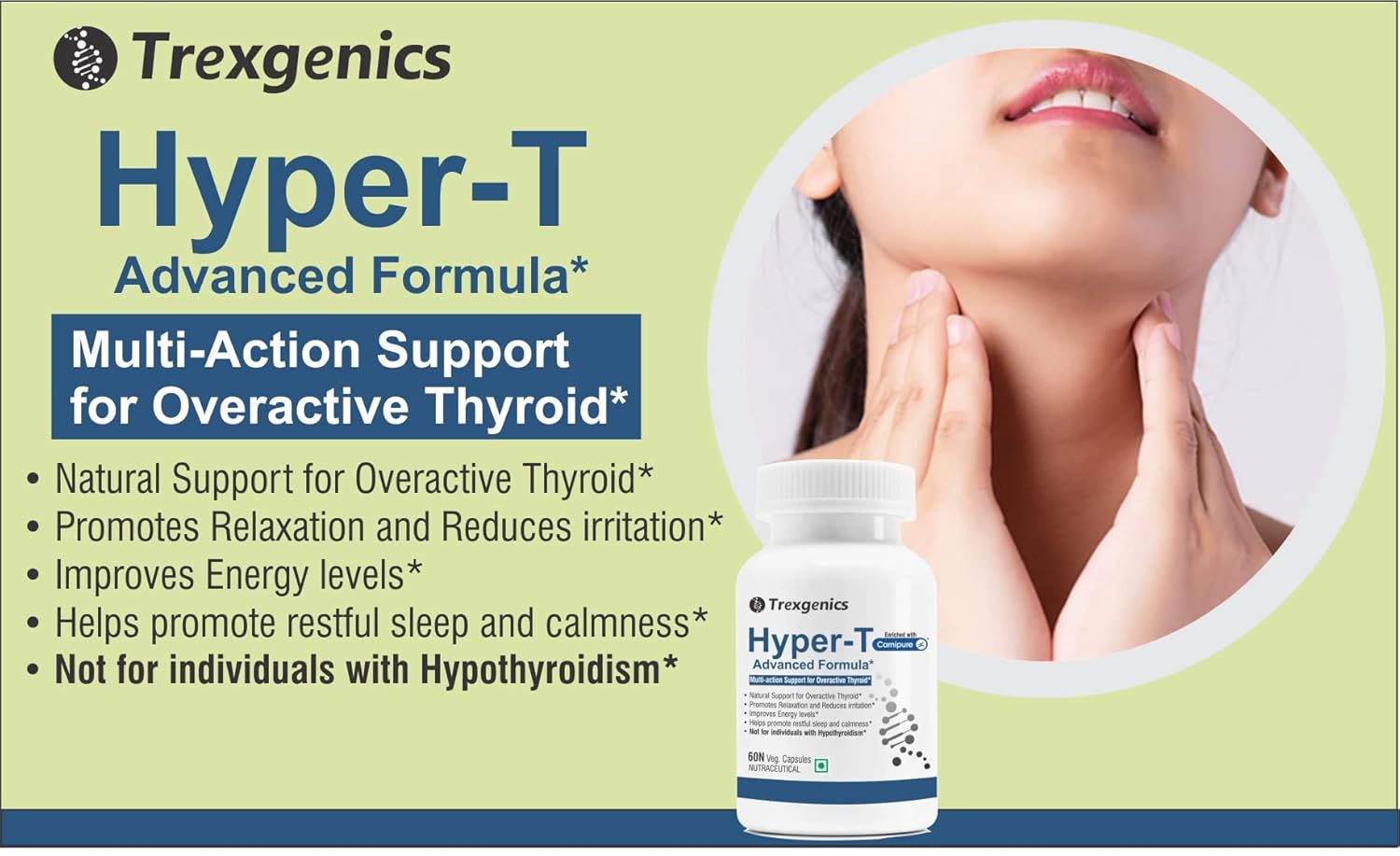 Advertisement for Trexgenics Hyper-T Advanced Formula with a bottle and person touching neck on green background