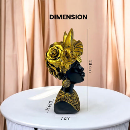 Golden Butterfly Goddess Bust Polyresin Showpiece 26 cm African Queen Figurine Black & Gold Statue for Home Decor Living Room Office Table Gift | Tabletop Decorative Showpiece