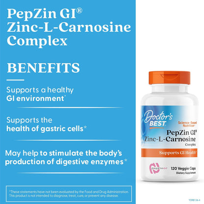 Supplement bottle labeled 'PepZin GI Zinc-L-Carnosine Complex' with benefits listed on a blue background.