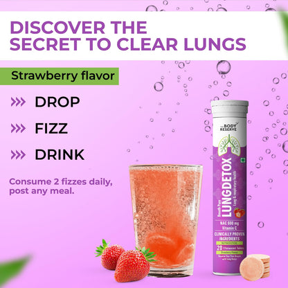 Lung Detox product with strawberry flavor on a pink background