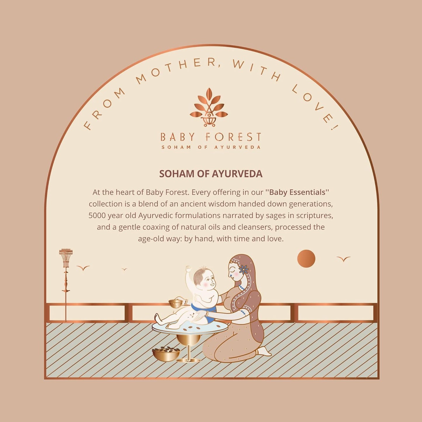 Advertisement for Baby Forest by Soham of Ayurveda with a woman holding a baby and text about Ayurvedic formulations.