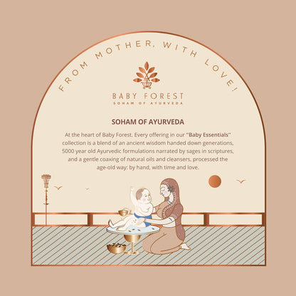 Advertisement for Baby Forest by Soham of Ayurveda with a woman holding a baby and text about Ayurvedic formulations.