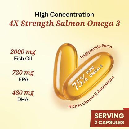 Tata 1mg Salmon 4X Omega | Omega-3 Fish Oil for Heart, Eye & Brain Health | 2000 mg Salmon Fish Oil, 720 mg EPA, 480 mg DHA | 60 Capsules