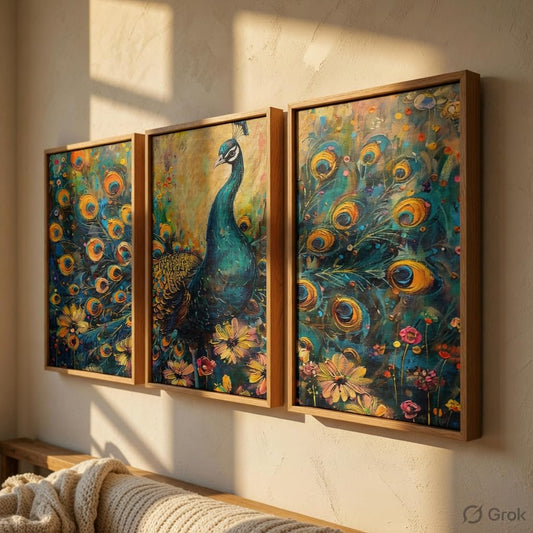 Peacock Wall Painting Set of 3 with Wooden Frames | Colorful Peacock Feather Artwork HD Sparkle Printed MDF Wall Decor | Modern Bird Wall Art for Living Room, Bedroom, Hall & Office