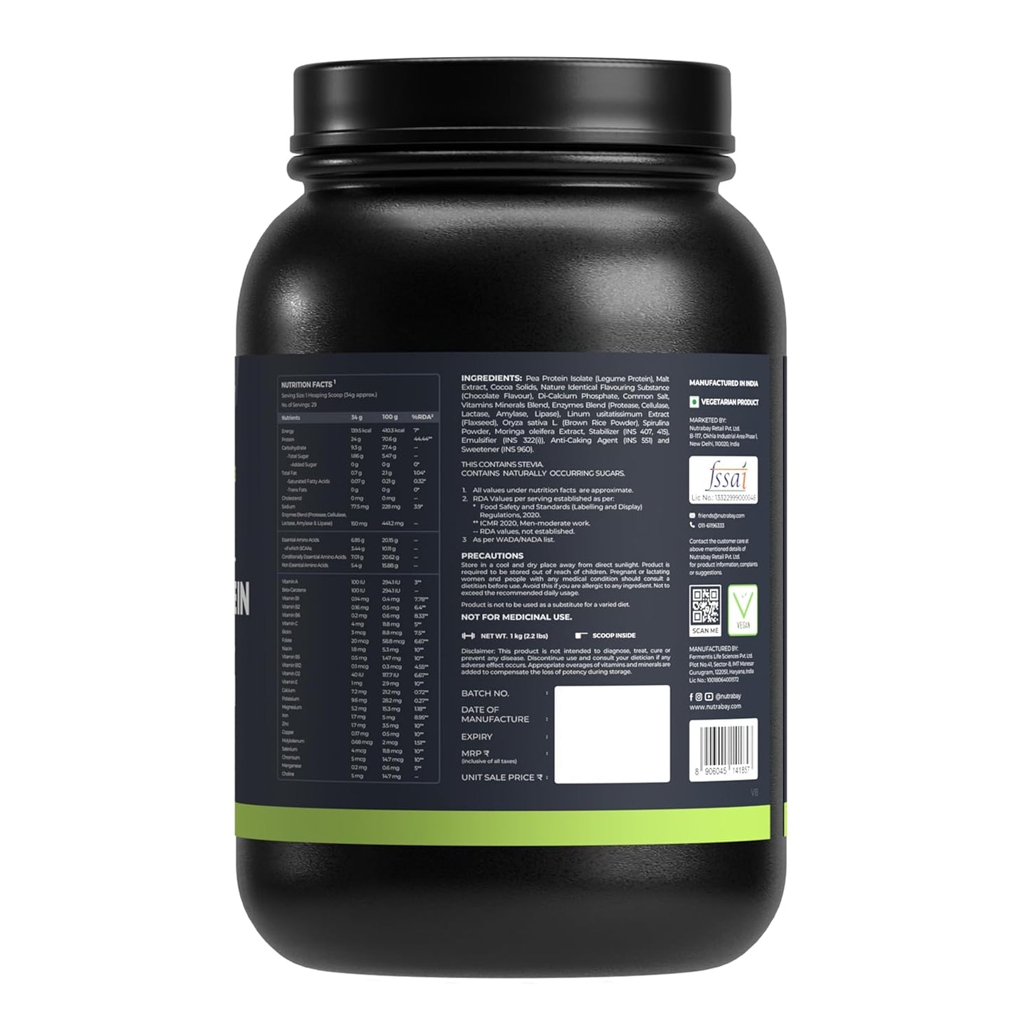Black supplement container with a label on a white background
