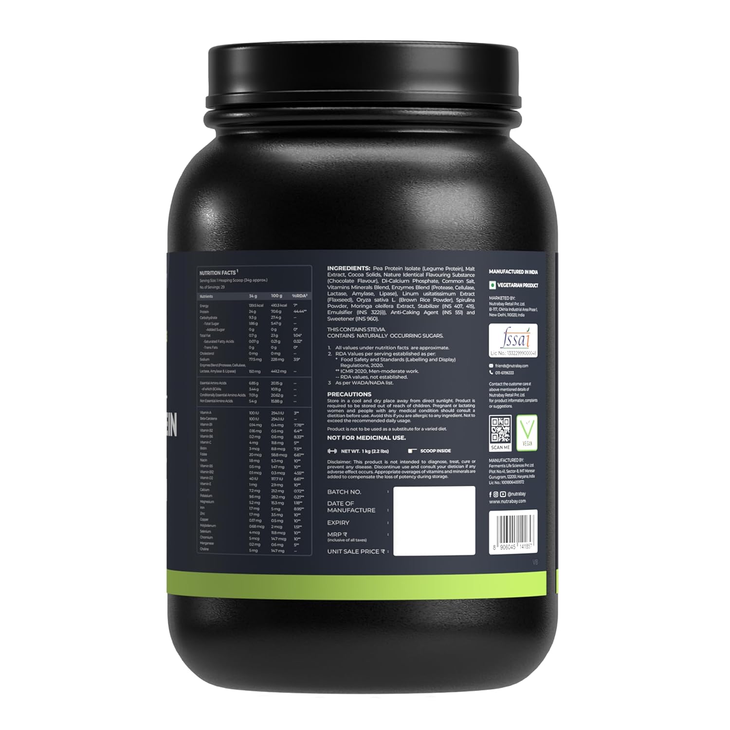 Black supplement container with a label on a white background